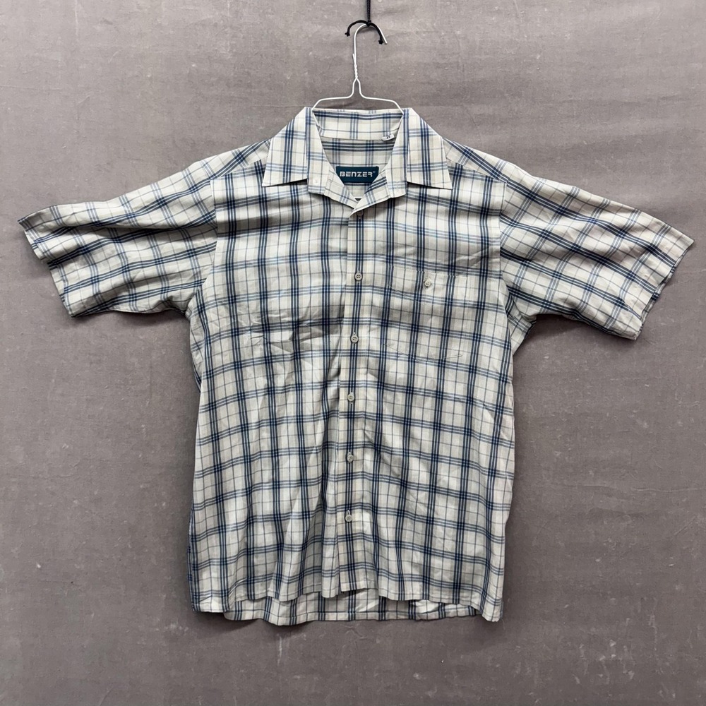 Benzer Shirt Mens Medium Blue White Plaid Short Sleeve Button Up Casual Top